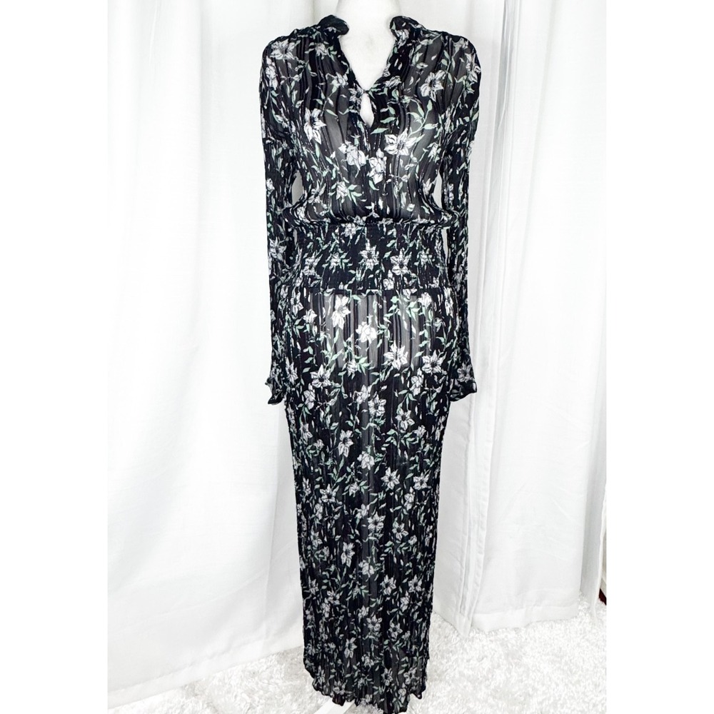 Rag & Bone Floral Pleated Maxi Dress S Black Green Sheer Smocked Long Sleeve